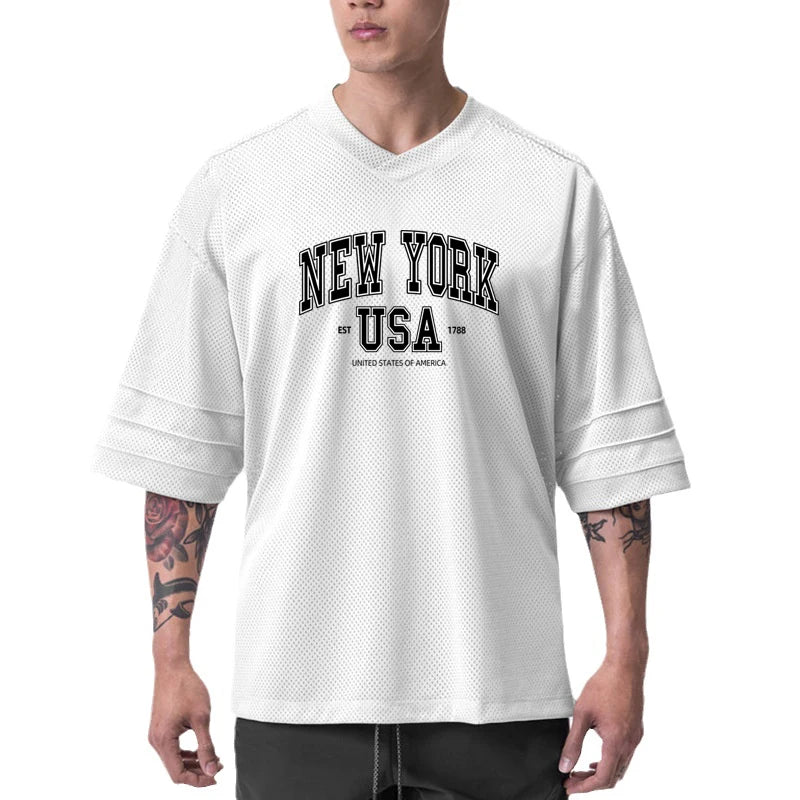 Oversized Mens Sport Half Sleeves T-Shirt Mesh Loose Quick Dry Breathable Running Shirt Gym Fitness Bodybuilding Muscle Tee Tops