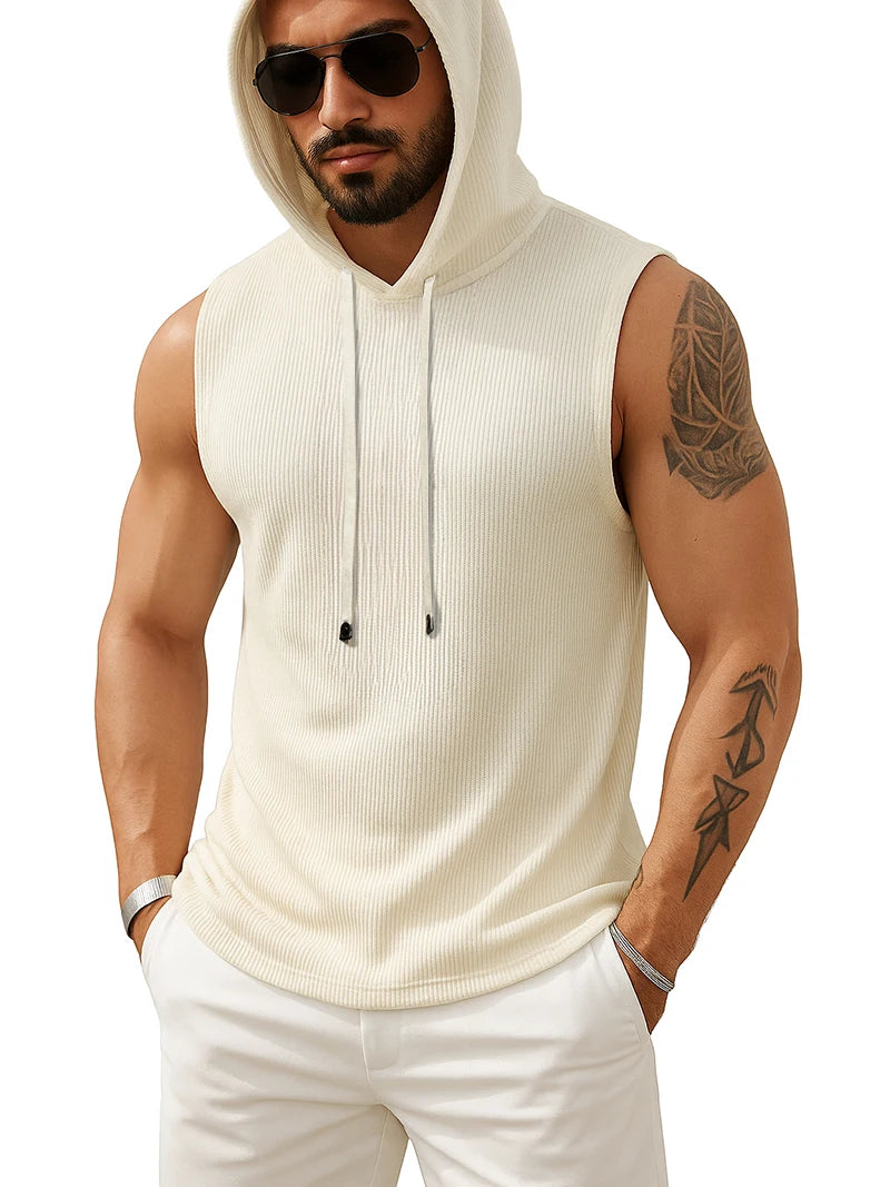 Tank Top Men’s Ribbed Sleeveless Hoodie Casual Muscle Fit Hooded Vest Gym Streetwear Sportswear Men Summer Top Tee Hooded Tank