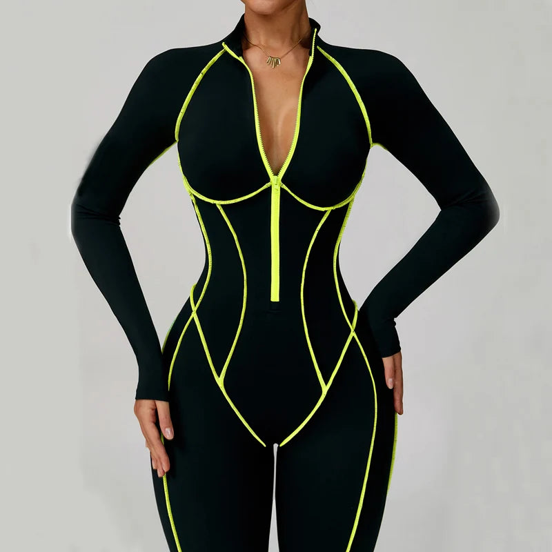 VITALINOVO Women Long Sleeve Workout Jumpsuit Zip Up Romper Bottom Pants Built-in Bra Bodysuit Bodycon Sexy One Piece Colorblock