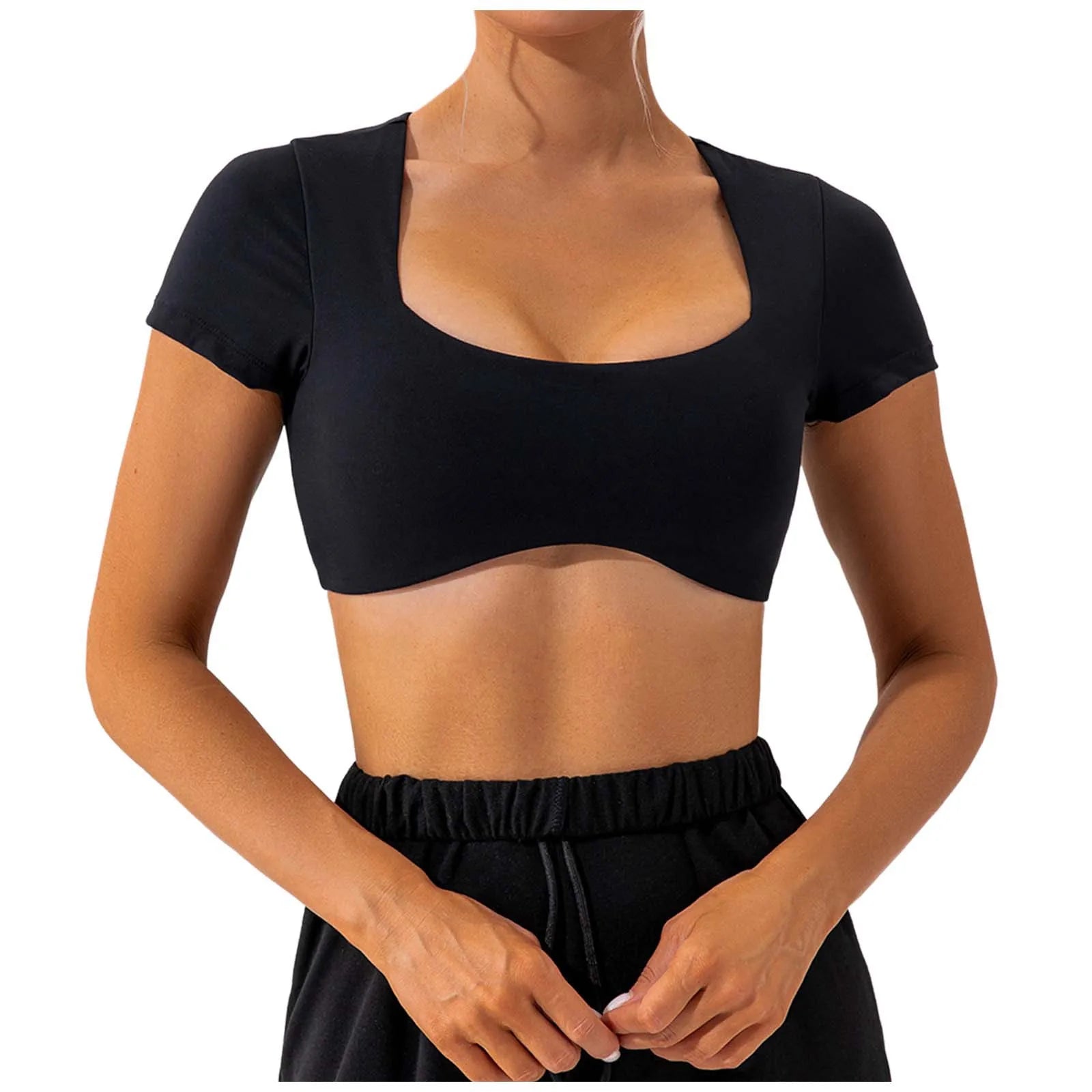 Ultra-Short T-Shirts Women Bare Midriff Square Neck Short Sleeve Tees Yoga Clothes Summer Sportwear Gym Running Quick Dry Tops