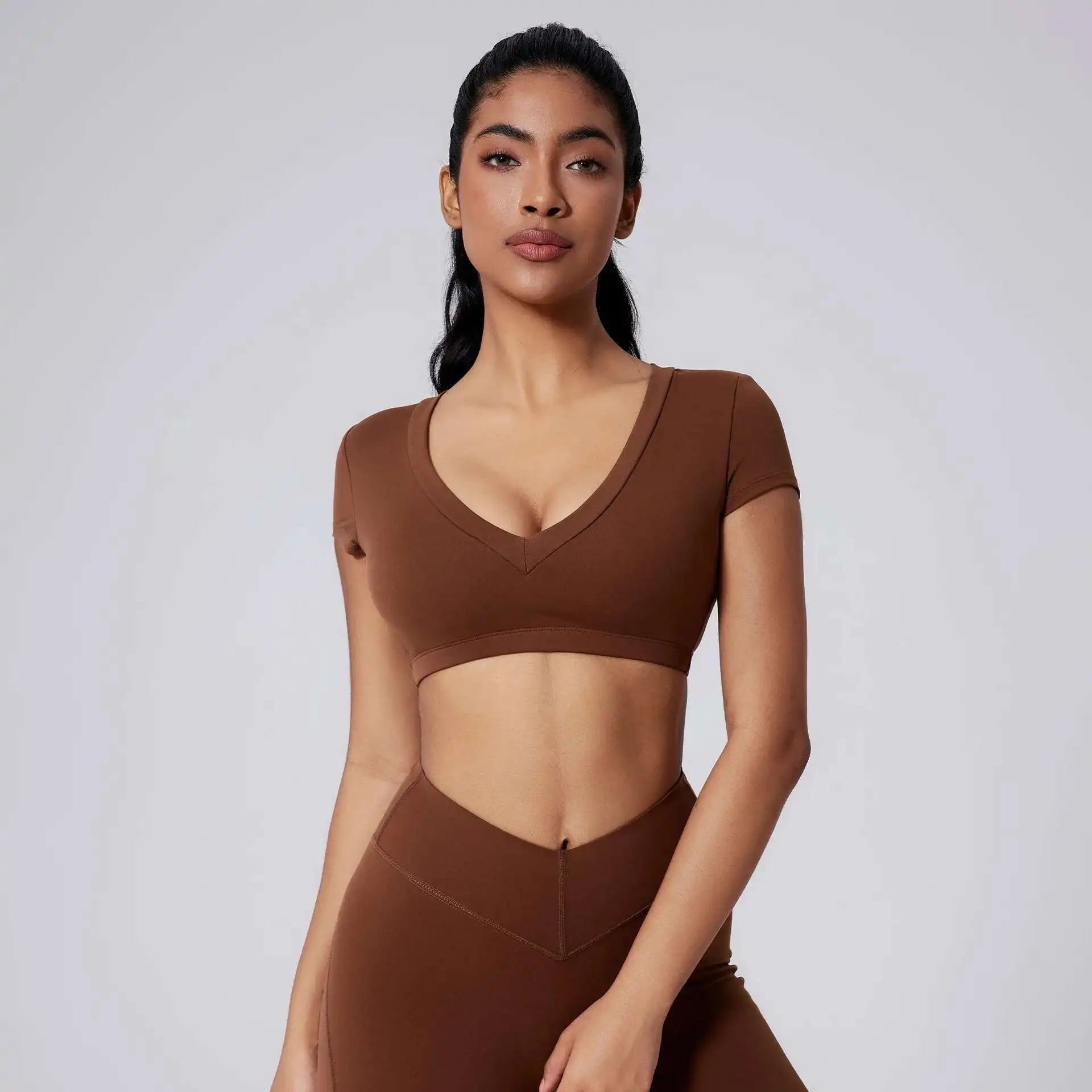 PMWRUN 2025 Sportswear Woman Gym Tight T-shirt Deep V Shaping Back Hollow Sexy Short Waist-Exposing Sports Short Sleeve Outdoor