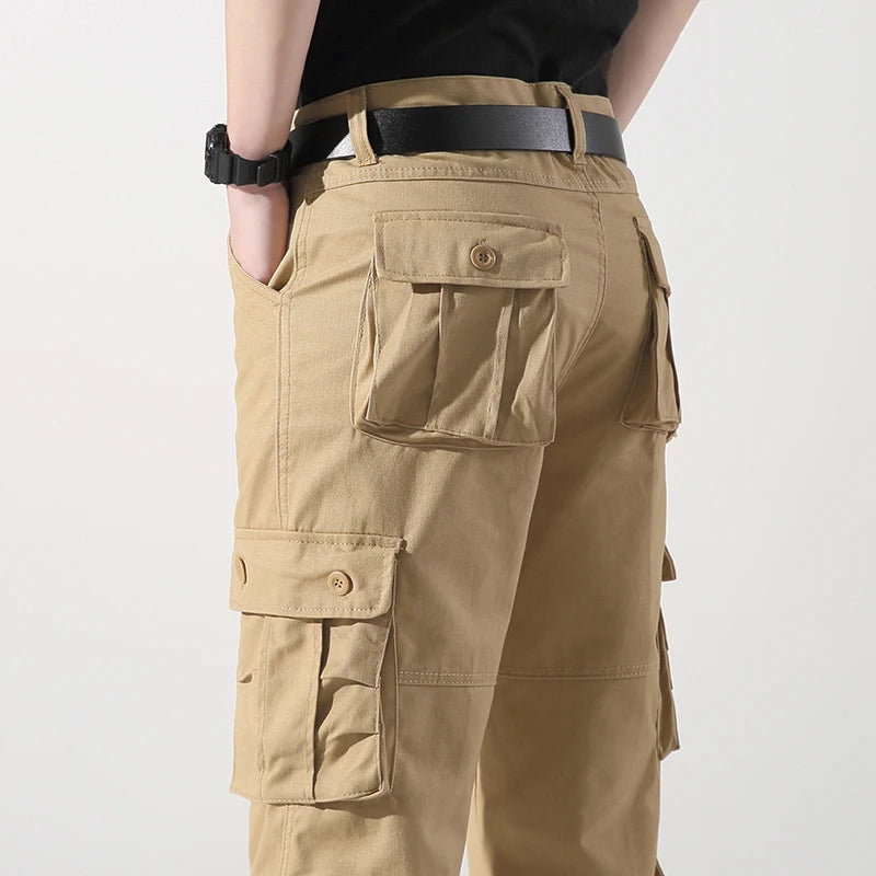 8 POCKETS 100% Cotton Men's Solid Color Cargo Pants, Breathable ComfyOutdoor Pants With Multi Pockets For Hiking Trekking Travel