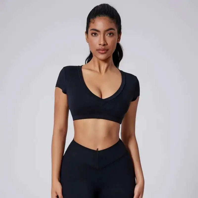 PMWRUN 2025 Sportswear Woman Gym Tight T-shirt Deep V Shaping Back Hollow Sexy Short Waist-Exposing Sports Short Sleeve Outdoor
