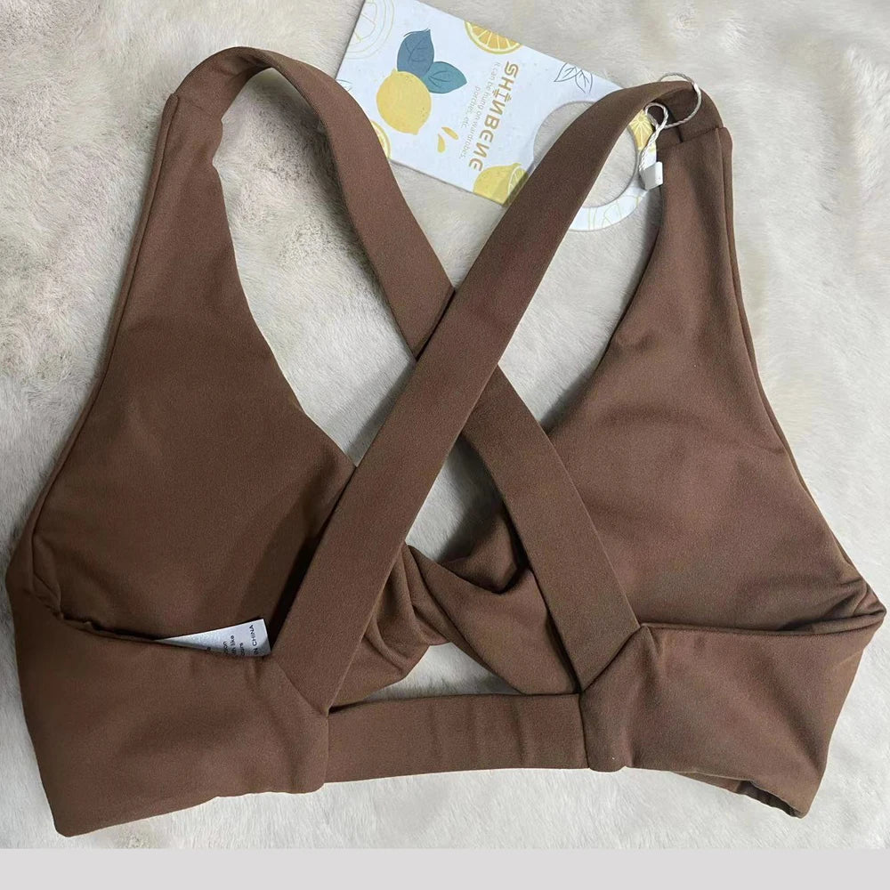 SHINBENE Hi Cloud Strappy Cross Back Yoga Bra Padded Fitness Crop Top Sexy Front Twist Sports Bra