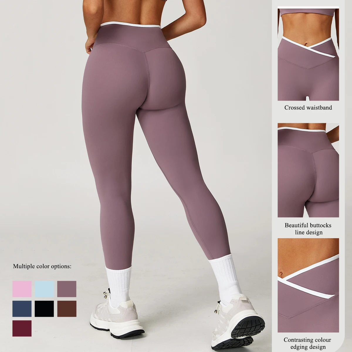 Hearuisavy Cross-Front High Waist Sports Leggings Women's Running Fitness Pants Butt-lifting Push Up Pilates Workout Yoga Tights