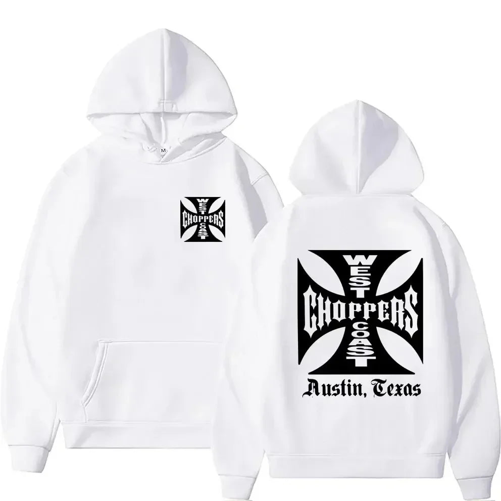 Men's Black Fashion Cool Sweatshirt Unisex Fashion Fleece Oversized Hoodie Streetwear West Coast Iron Cross Choppers Logo Hooded