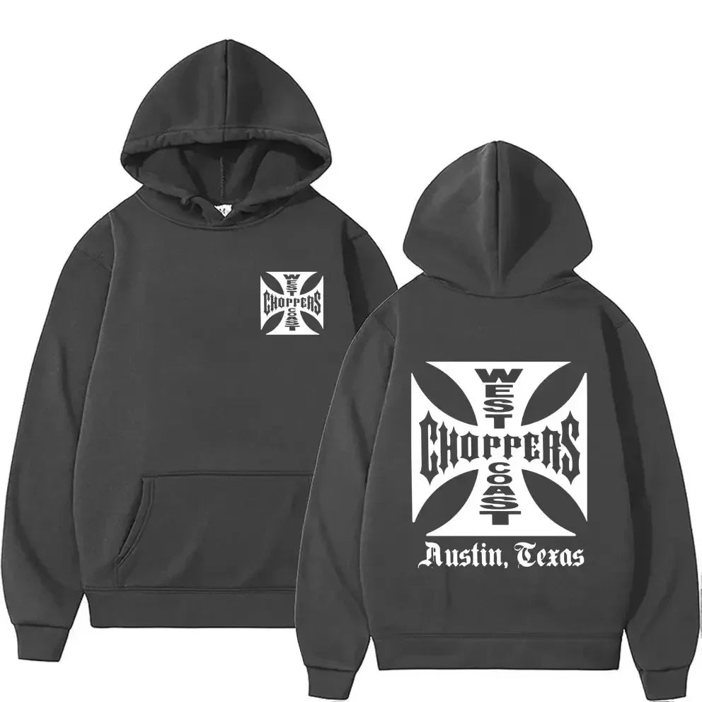 Men's Black Fashion Cool Sweatshirt Unisex Fashion Fleece Oversized Hoodie Streetwear West Coast Iron Cross Choppers Logo Hooded