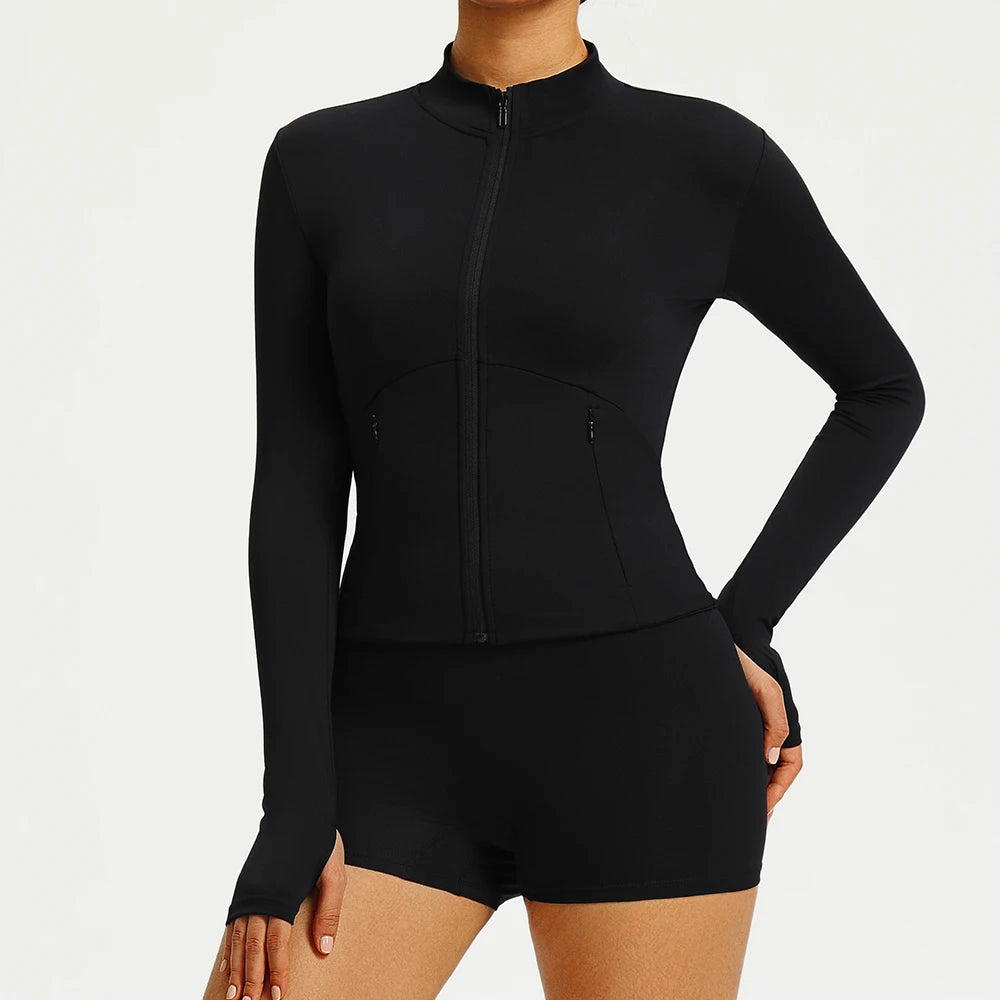 Double Zipper Pockets Long Sleeve Yoga Jacket Women Tight Slim Fitness Sports Shirts Gym Workout Tops Running Cycling Jackets