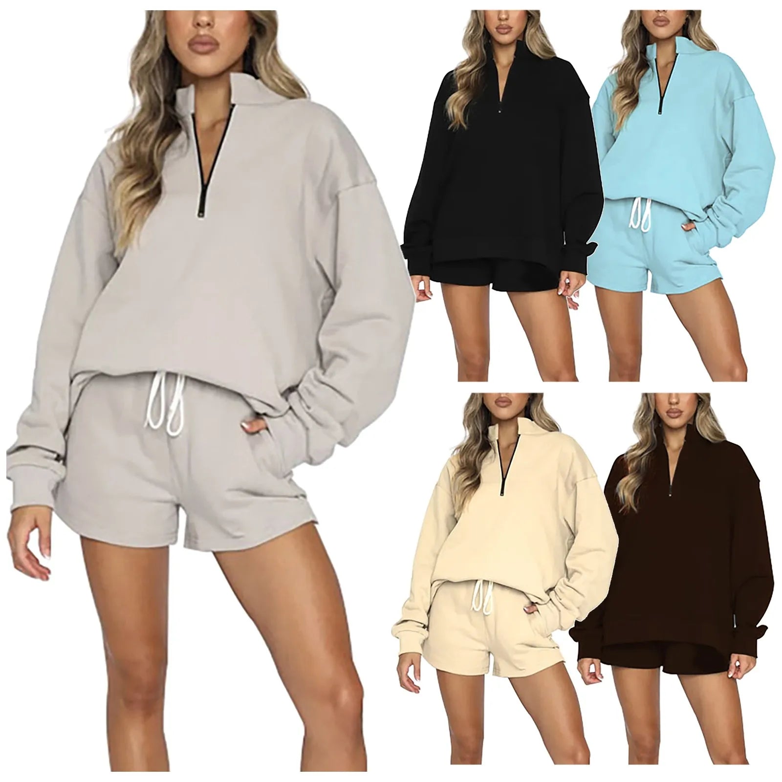 Solid Color Stand Up Collar Zipper Pullover Long Sleeved Sweatshirt For Women Fashion Shorts Suit Casual Sport Shorts Set