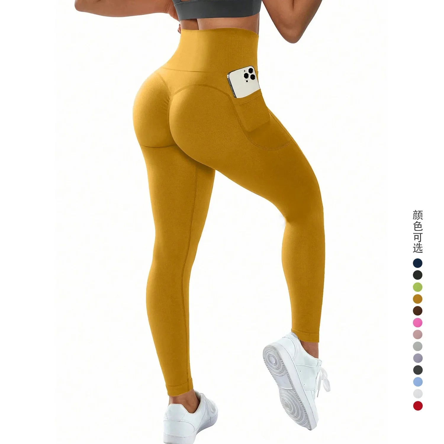 High Waist Yoga Leggings Women Fitness Workout Sport Leggings Sexy Peach Hip Pants  Stretch Double Side Pocket Tight Leggings