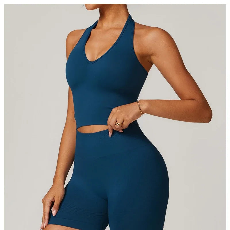 Halter Neck Backless Yoga Bra European and American Seamless Sports Bra Women's Summer Shockproof Fitness Top