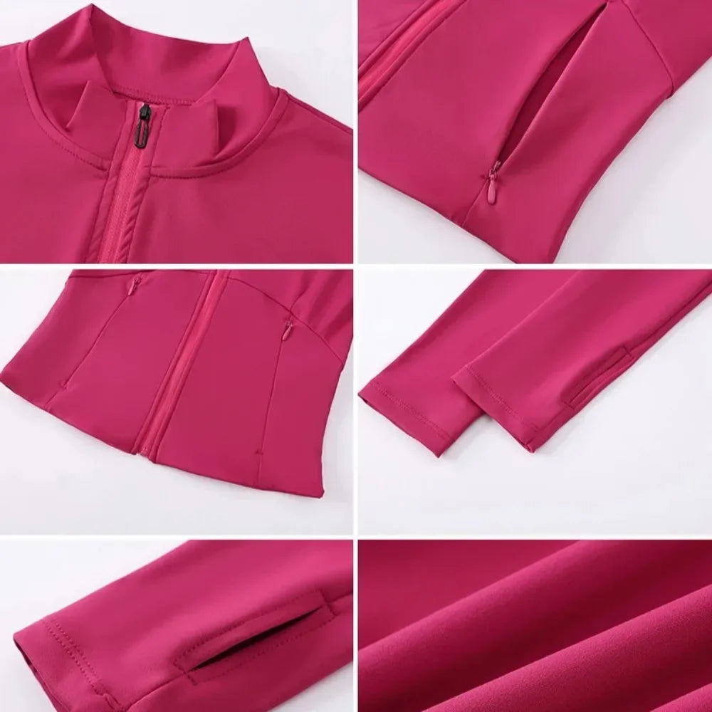 Double Zipper Pockets Long Sleeve Yoga Jacket Women Tight Slim Fitness Sports Shirts Gym Workout Tops Running Cycling Jackets