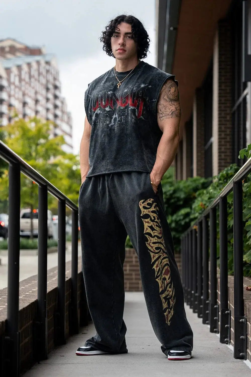 YONGLA American Trendy Brand Men's Sports Pants Gym Fitness Loose Straight Tube Printed Casual Pants