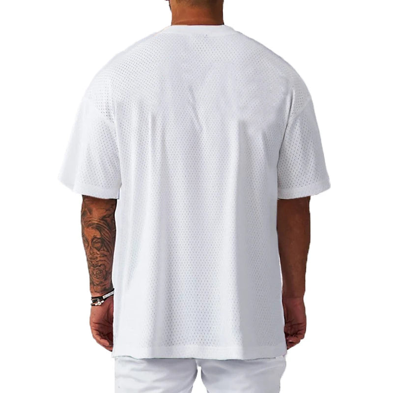 Oversized Loose Mesh Quick-Dry Short-Sleeved Sportswear Gym Bodybuilding Fitness Running Shirts Men's Workout Training T-Shirts