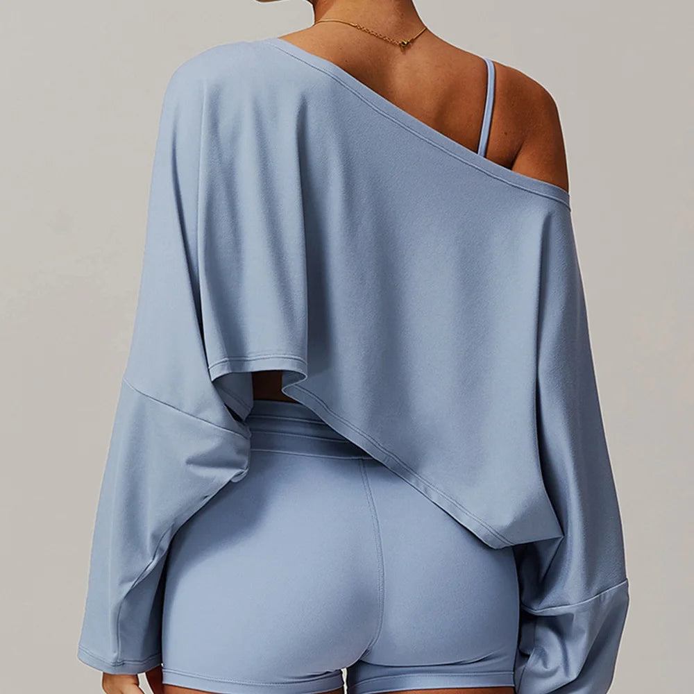 New Fitness Sports Long Sleeve Loose Top Women's One Shoulder Bat Sleeve Outerwear Casual Versatile Long Sleeve Yoga Hoodie