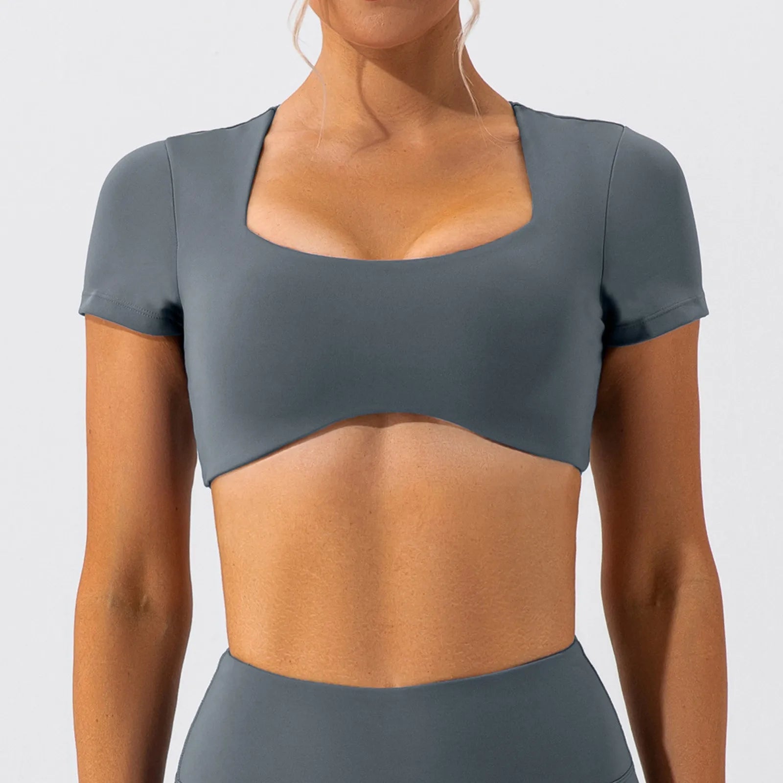 Ultra-Short T-Shirts Women Bare Midriff Square Neck Short Sleeve Tees Yoga Clothes Summer Sportwear Gym Running Quick Dry Tops