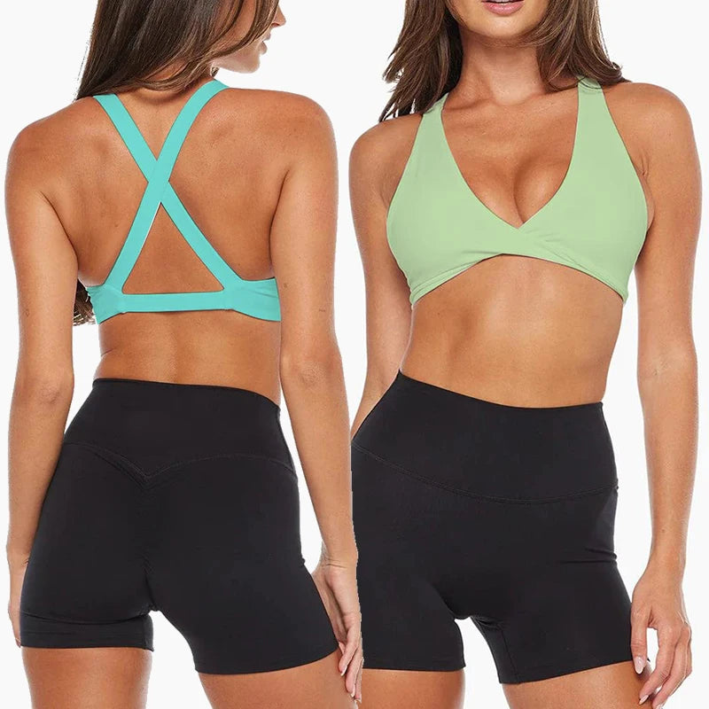 SHINBENE Hi Cloud Strappy Cross Back Yoga Bra Padded Fitness Crop Top Sexy Front Twist Sports Bra