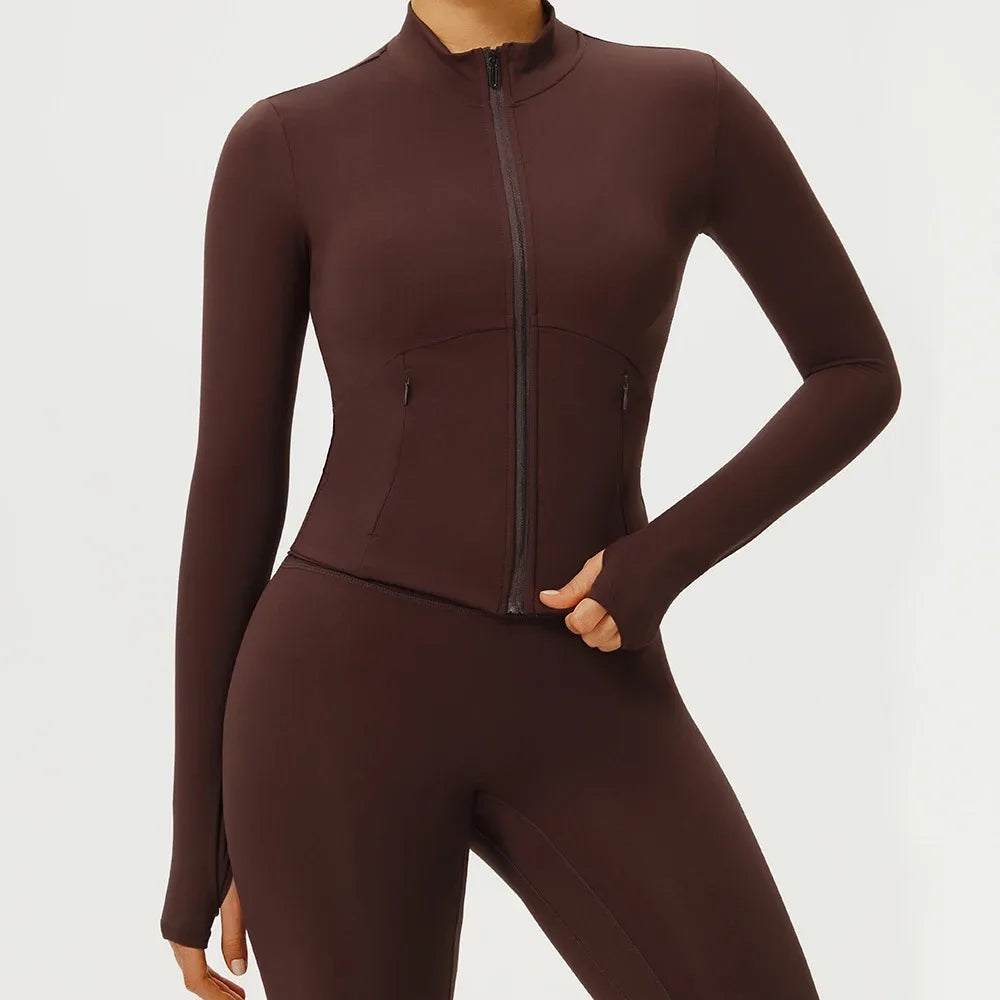 Double Zipper Pockets Long Sleeve Yoga Jacket Women Tight Slim Fitness Sports Shirts Gym Workout Tops Running Cycling Jackets
