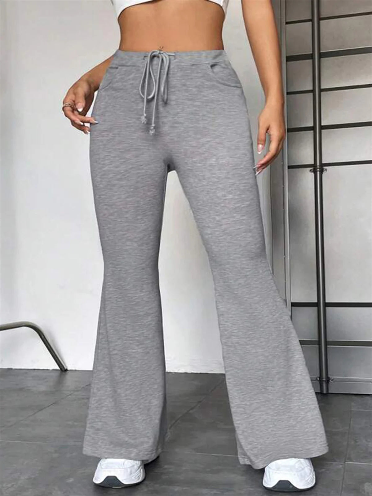 Women Casual Drawstring Flare Pant Autumn Spring Solid High Waist Yoga Sports Pants Chic Baggy Joggers Trousers Slim Streetwear