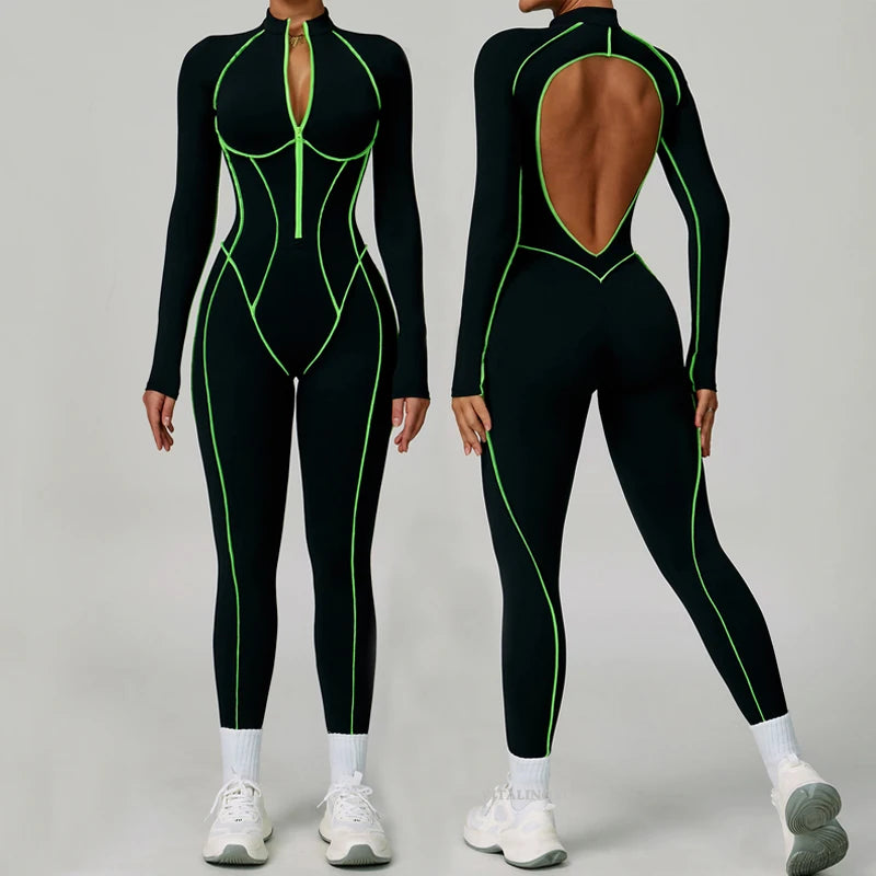 VITALINOVO Women Long Sleeve Workout Jumpsuit Zip Up Romper Bottom Pants Built-in Bra Bodysuit Bodycon Sexy One Piece Colorblock