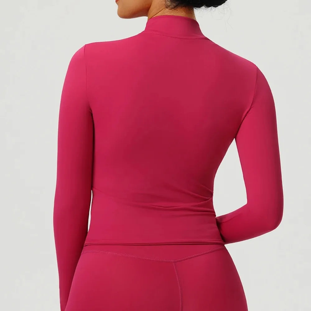 Double Zipper Pockets Long Sleeve Yoga Jacket Women Tight Slim Fitness Sports Shirts Gym Workout Tops Running Cycling Jackets