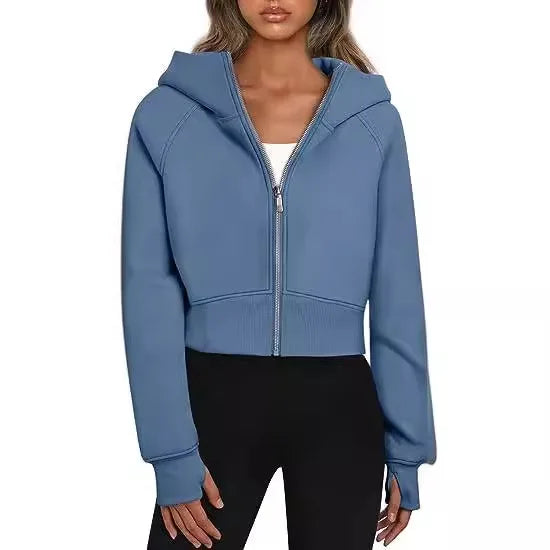 2025 European and American Women's Hooded Zipper Short Casual Plush Long-sleeved Sweatshirt