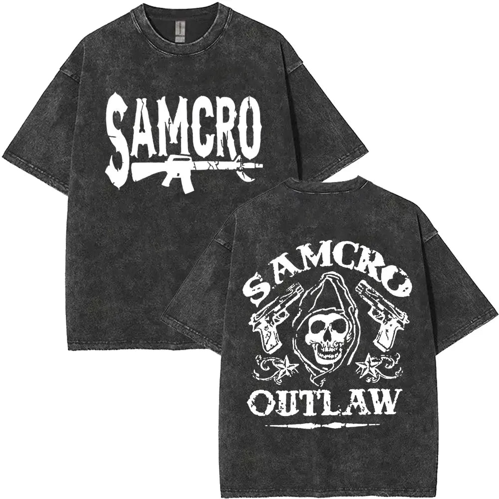 Washed Vintage Sons of Anarchy SAMCRO Double Sided Graphic T Shirt Men Women Hip Hop Rock Oversized T-shirts Male Casual T-shirt