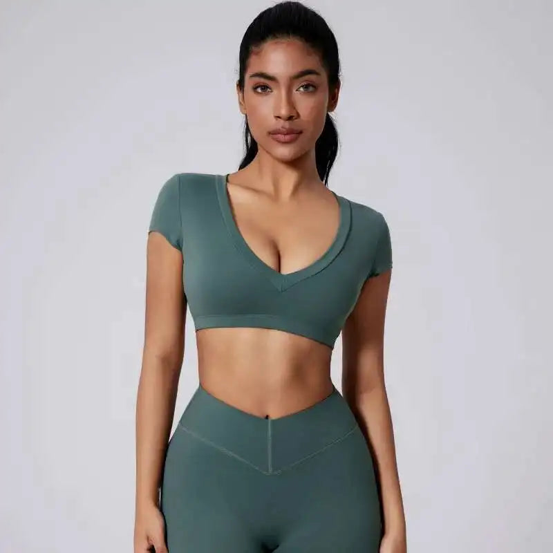 PMWRUN 2025 Sportswear Woman Gym Tight T-shirt Deep V Shaping Back Hollow Sexy Short Waist-Exposing Sports Short Sleeve Outdoor