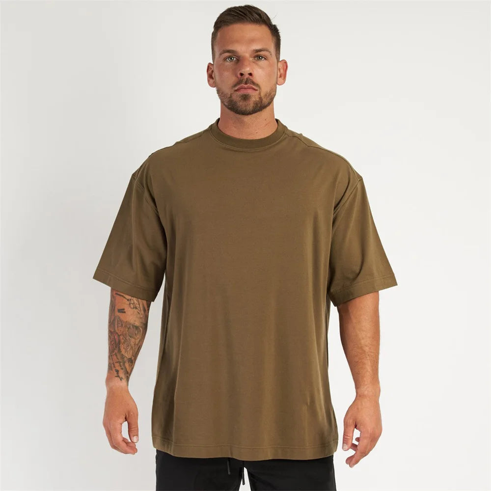 New Casual Loose T-shirt Men Cotton Short Sleeves Tees Tops Summer Gym Fitness Solid Shirt Male Running Sports Training Clothing