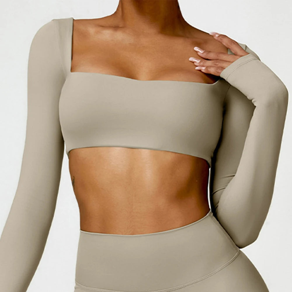 Women's Quick Drying breathable Top Seamless Sexy Square Neckline Elastic Yoga Long Sleeves Crop Top Gym Running Sportwear
