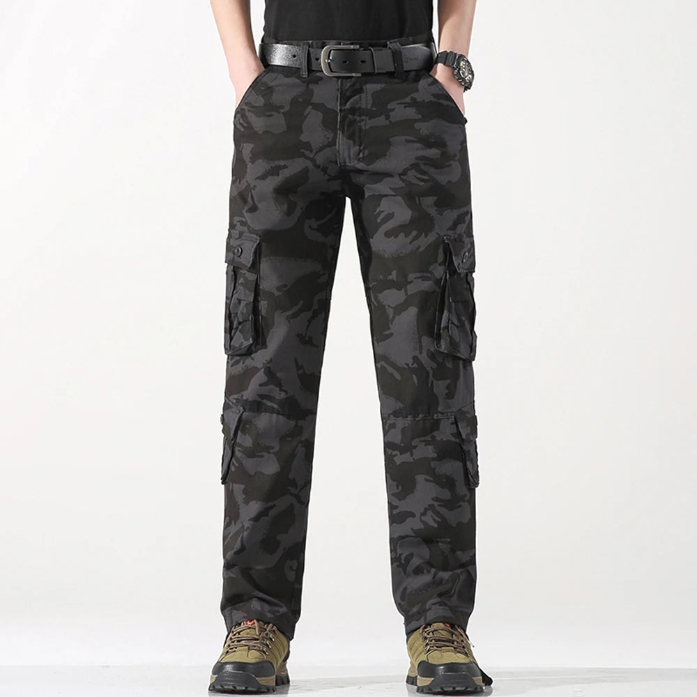 8 POCKETS 100% Cotton Men's Solid Color Cargo Pants, Breathable ComfyOutdoor Pants With Multi Pockets For Hiking Trekking Travel