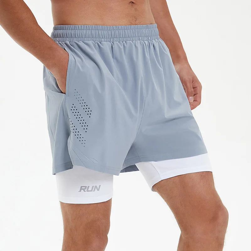 Men 2 in 1 Multi-Pocket Shorts Fitness Workout Lined Tight Short Race Marathon Sweatpants Quick Dry Breathable Scanties Running