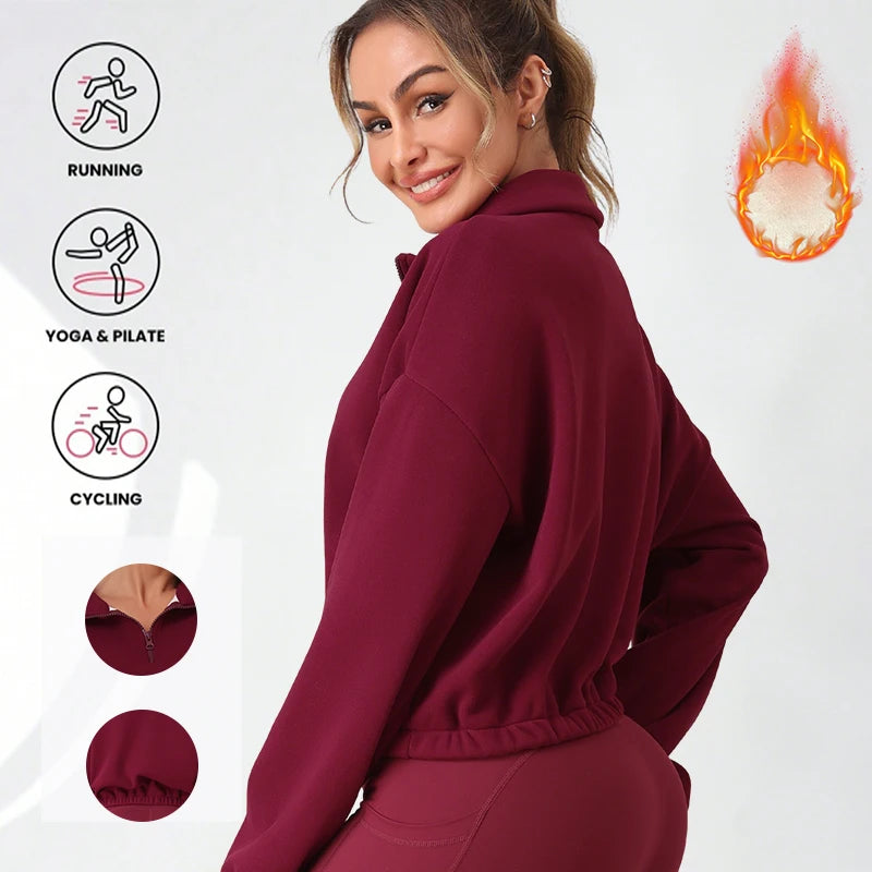 Thermal Half Zip Loose Yoga Shirt Solid Color Fleece Lined Sweatshirt Autumn Winter Pullover Drawstring Hem for Adjustable Fit