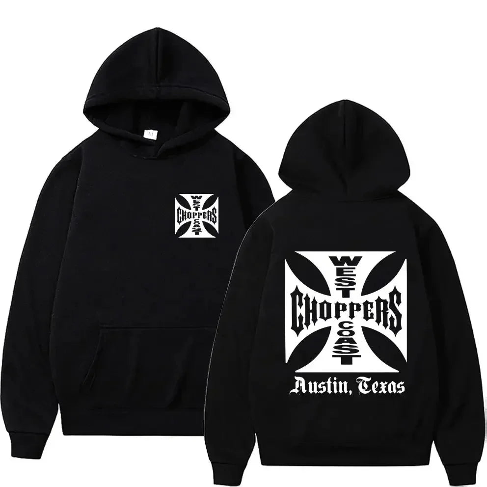 Men's Black Fashion Cool Sweatshirt Unisex Fashion Fleece Oversized Hoodie Streetwear West Coast Iron Cross Choppers Logo Hooded