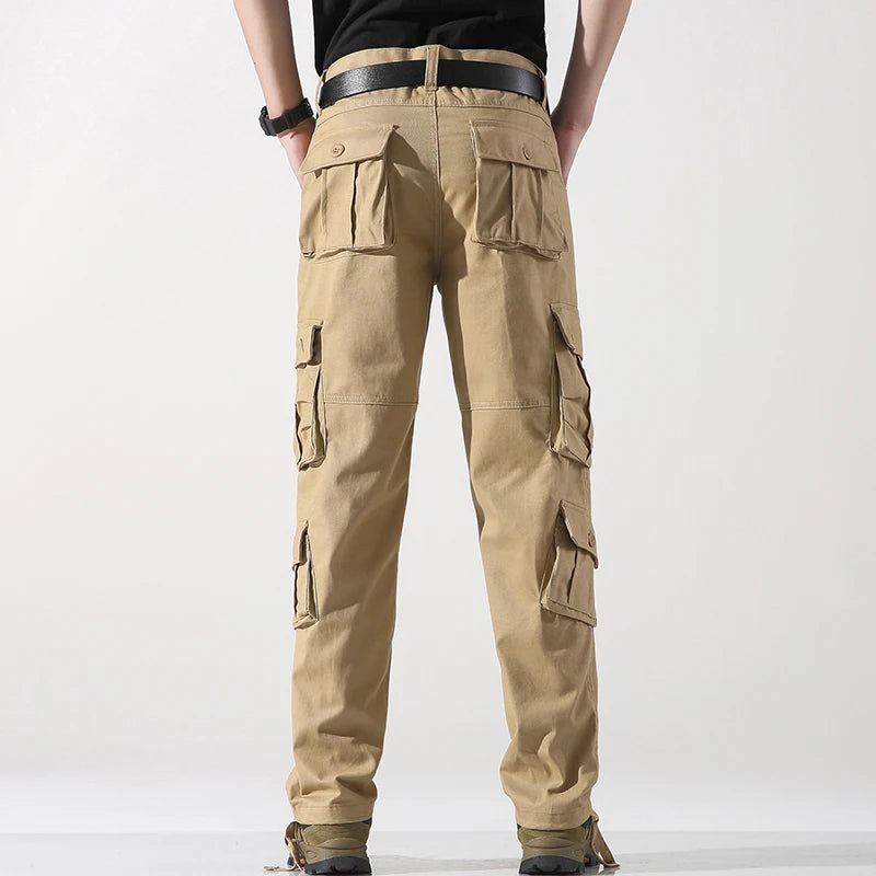 8 POCKETS 100% Cotton Men's Solid Color Cargo Pants, Breathable ComfyOutdoor Pants With Multi Pockets For Hiking Trekking Travel