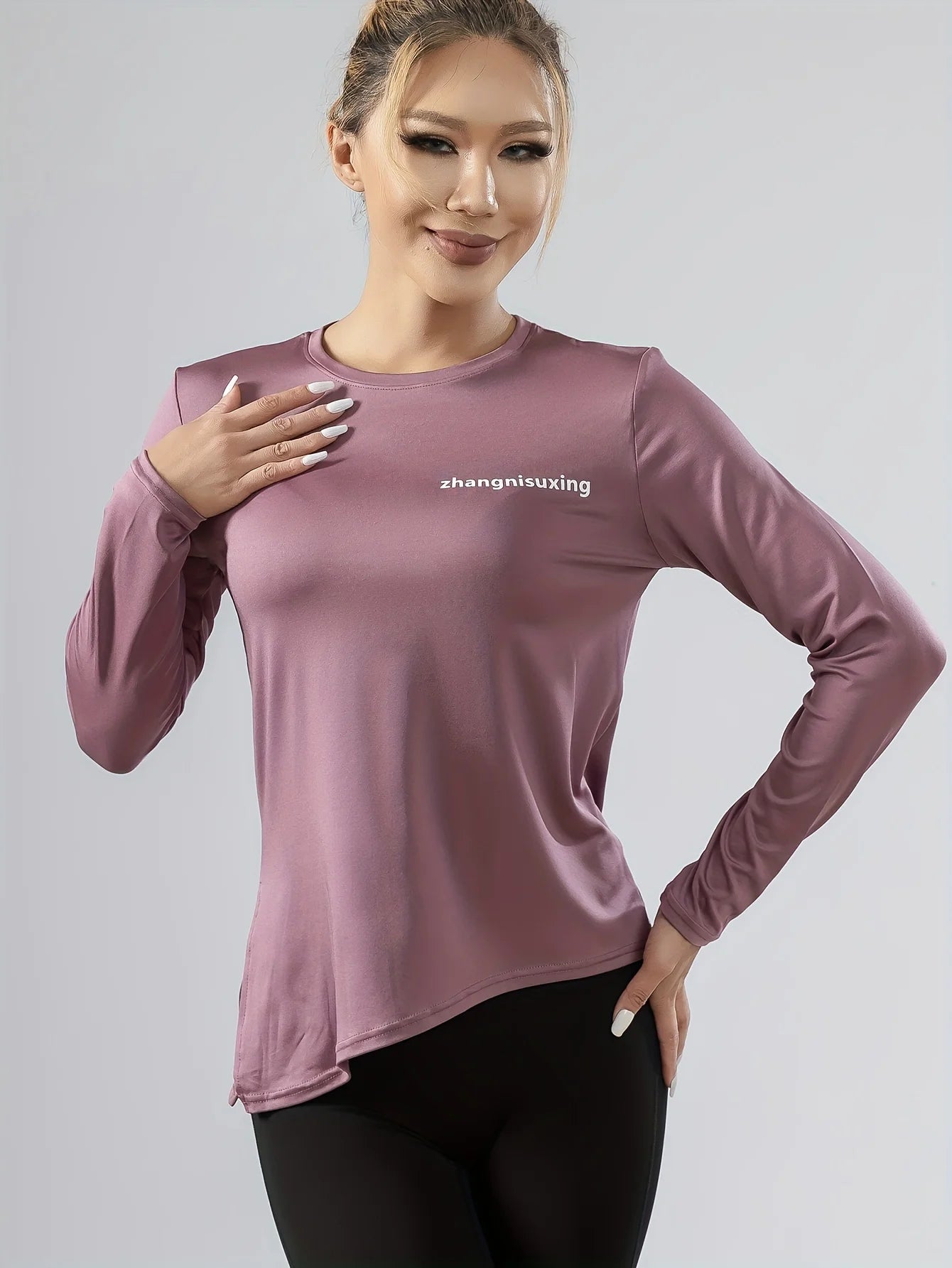 Letter Print Round Neck Long Sleeve T-shirt, Fitness Yoga Split Hem Top, Women's Tops