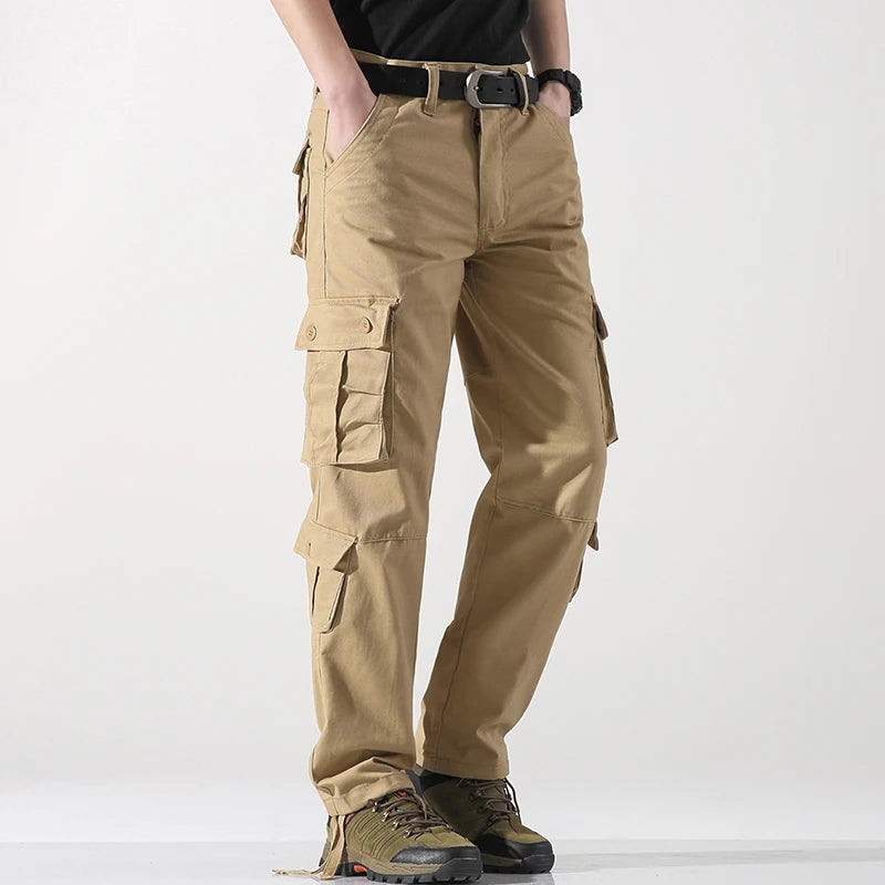 8 POCKETS 100% Cotton Men's Solid Color Cargo Pants, Breathable ComfyOutdoor Pants With Multi Pockets For Hiking Trekking Travel