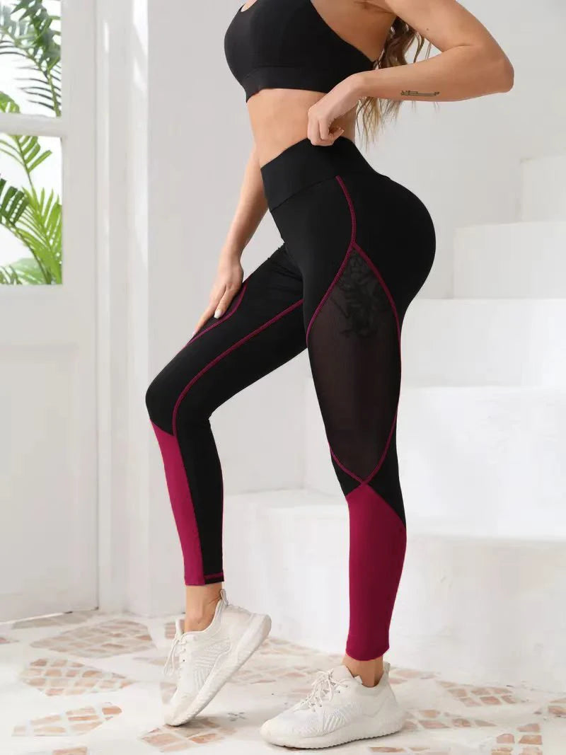 Women's high-waisted yoga pants, patchwork color block mesh stitching, hip-lifting, sports casual leggings, soft fabric, full of