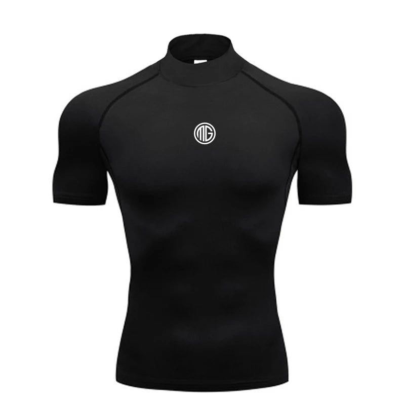 Running T-shirts Mens Compression Shirt Summer Turtleneck Elastic Quick Dry Sports Tees Muscle Gym Workout Short Sleeve T Shirts
