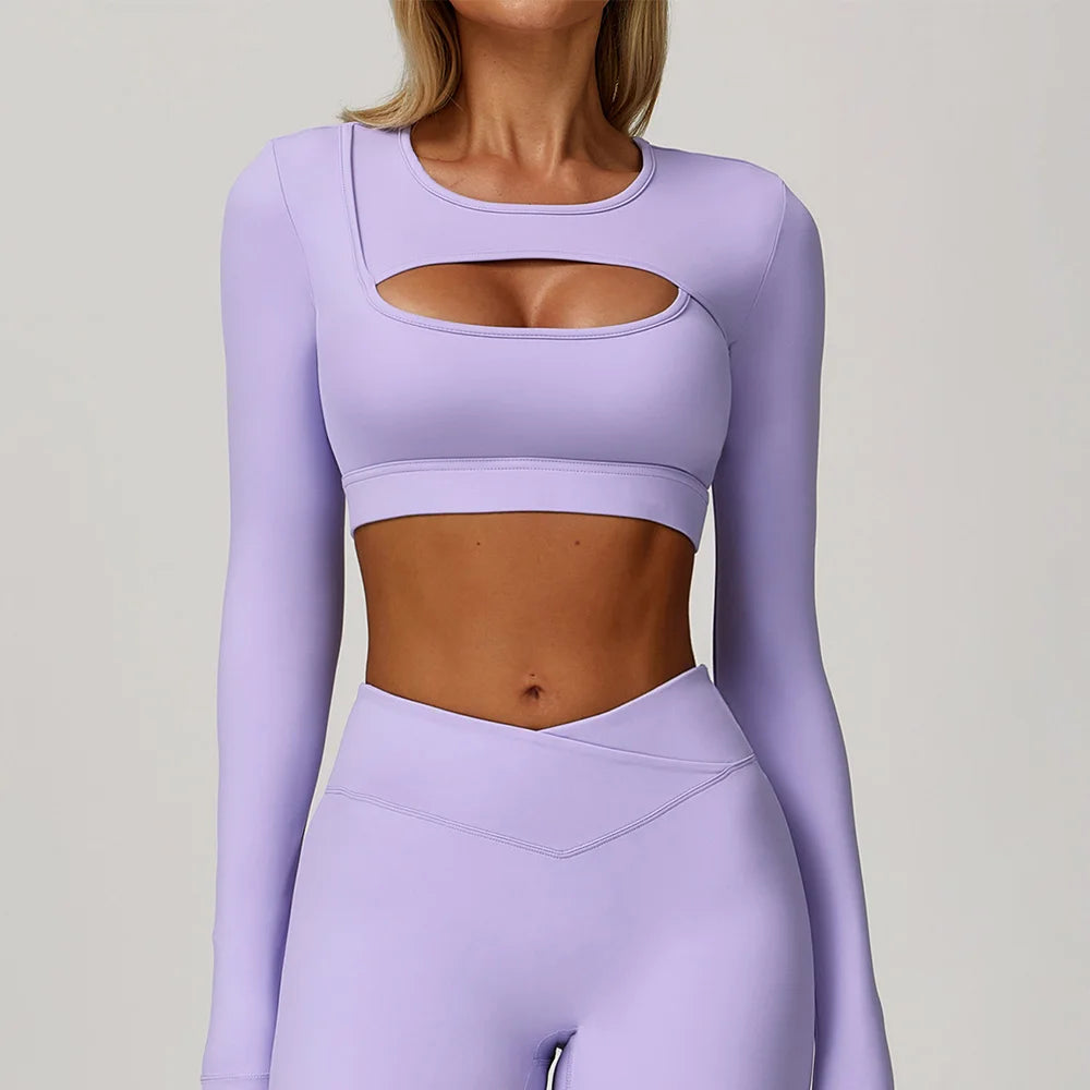Women Yoga T-shirts Breathable Sports Top Long Sleeve Workout Running Shirts Sexy Exposed Navel Quick Dry Fitness Gym Clothing