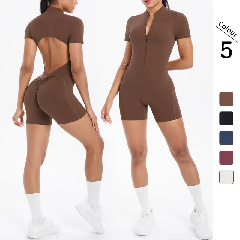 LEOSOXS Solid Color Seamless Zipper Beautiful Back Tight One-Piece Yoga Suit Gym Breathable Sports Running Workout Fitness Suit