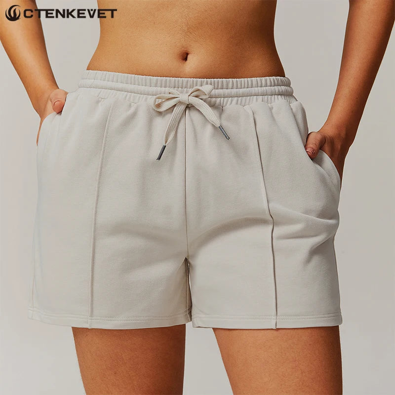Ctenkevet Women's Pocket Athletic Shorts Running Gym Workout Trunks Female Casual Loose Shorts Women's Fitness Strappy Sweatpant