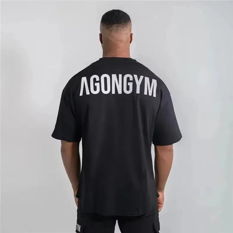 Gym Fitness Agongym Bodybuilding Oversized Loose T-shirt Cotton Men's Muscle Short Sleeve Gym Men's Running Exercise T-shirt Top