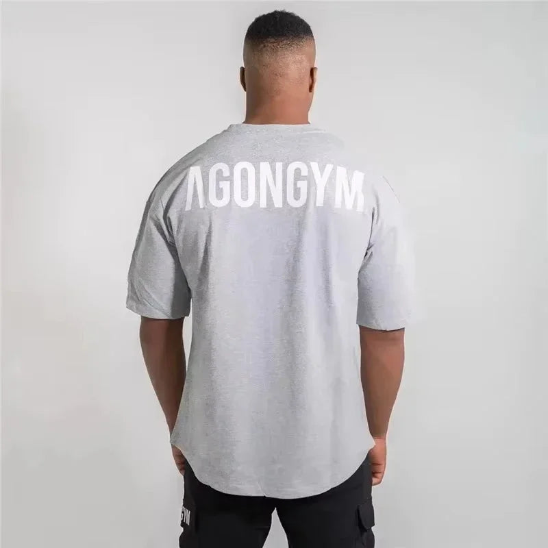 Gym Fitness Agongym Bodybuilding Oversized Loose T-shirt Cotton Men's Muscle Short Sleeve Gym Men's Running Exercise T-shirt Top
