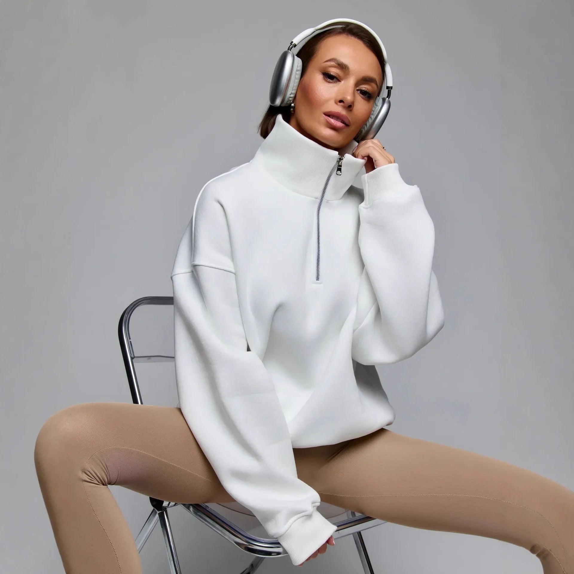 Thickened Oversize Sweatshirt Jacket Women's Loose Fit Solid Color Autumn Winter Fashion Personalized Simple Cotton Hoodie