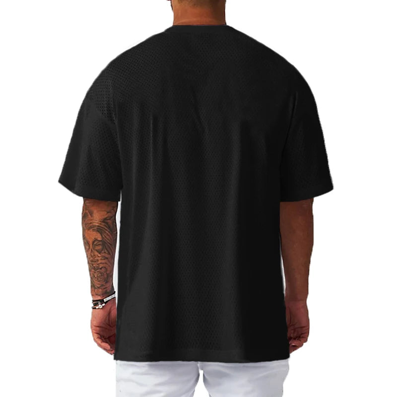 Oversized Loose Mesh Quick-Dry Short-Sleeved Sportswear Gym Bodybuilding Fitness Running Shirts Men's Workout Training T-Shirts