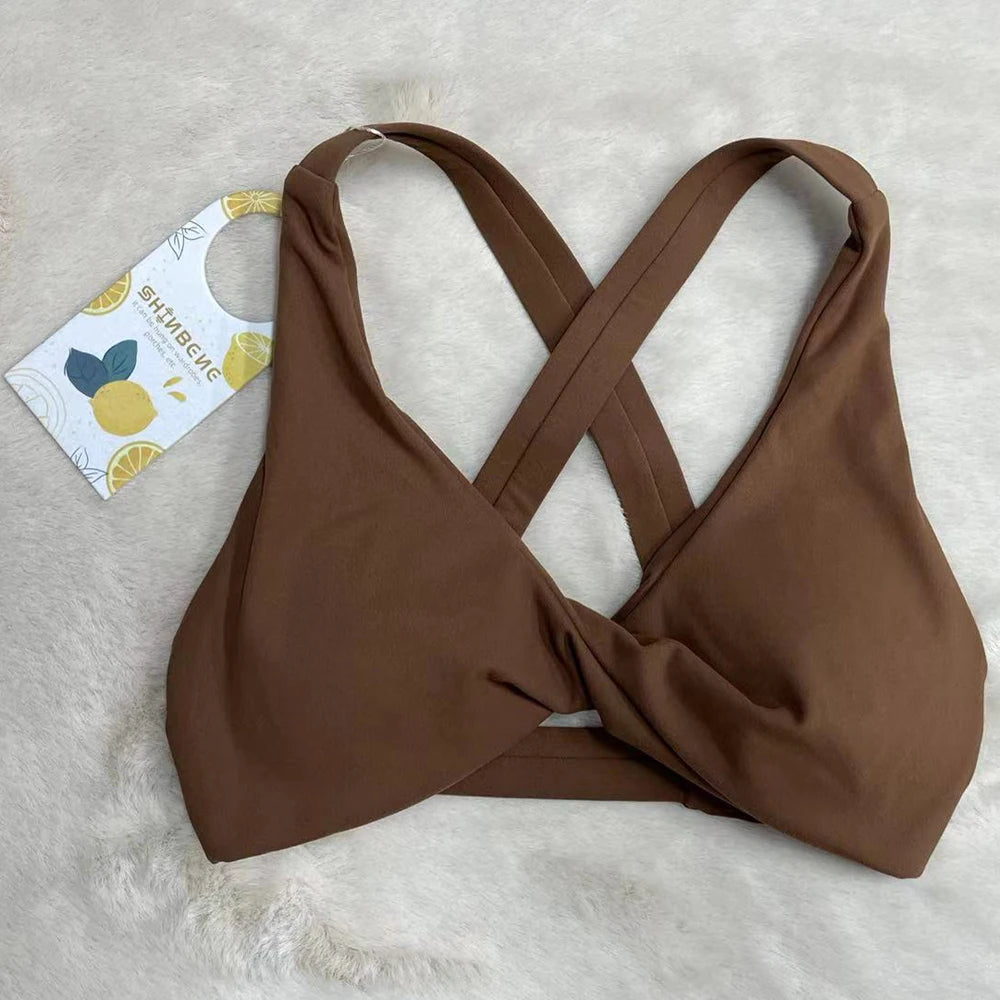 SHINBENE Hi Cloud Strappy Cross Back Yoga Bra Padded Fitness Crop Top Sexy Front Twist Sports Bra