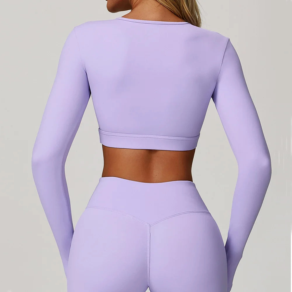 Women Yoga T-shirts Breathable Sports Top Long Sleeve Workout Running Shirts Sexy Exposed Navel Quick Dry Fitness Gym Clothing