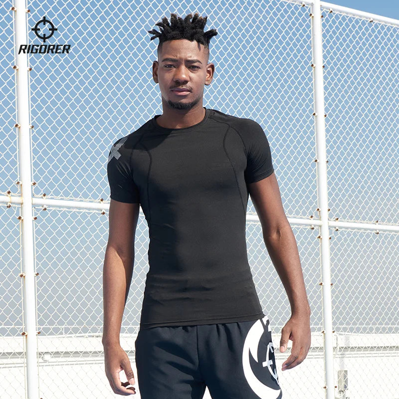 RIGORER Short-sleeved Compression Sportswear Running T-shirt Elastic Quick Dry Sport Tops Tee Athletic Gym Workout Shirts Men