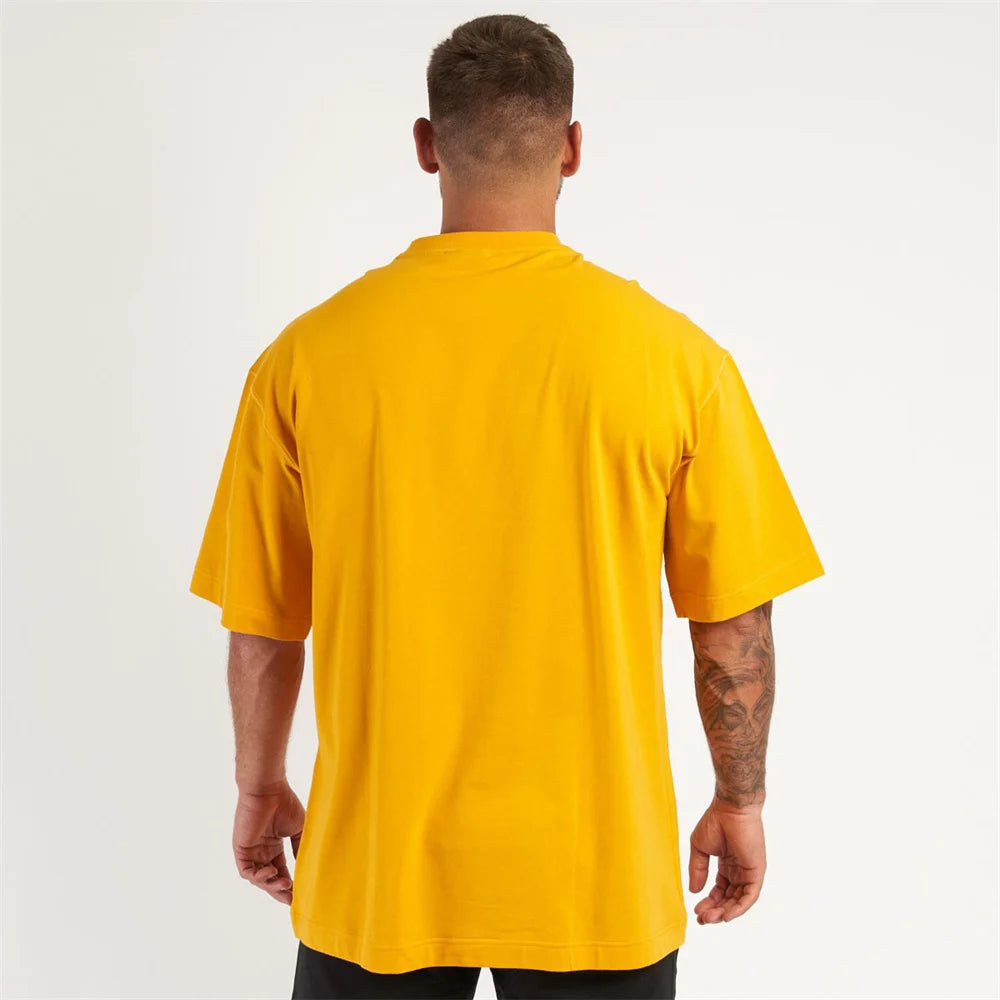 New Casual Loose T-shirt Men Cotton Short Sleeves Tees Tops Summer Gym Fitness Solid Shirt Male Running Sports Training Clothing